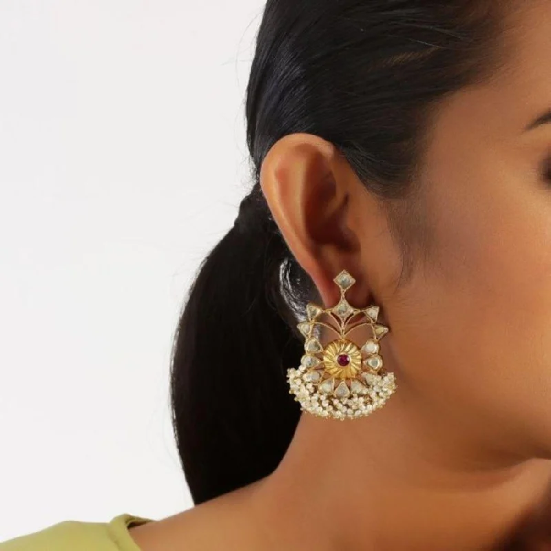 drop earrings for women -Kundan Pearl Drop Silver Earrings