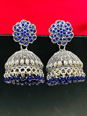 bohemian earrings for women -Beautiful Oxidized Blue Color Flower Design Jhumka Earrings