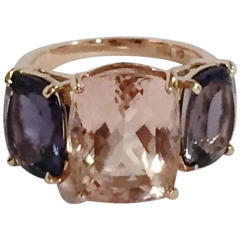 cocktail rings for women -Morganite Iolite Gold Three Stone Cushion Ring