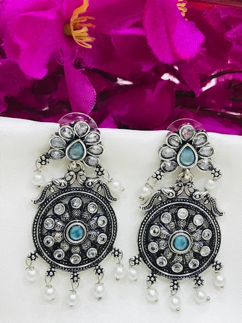 gold chandelier earrings for women -Beautiful Stone And Beaded Work Sky Blue Colored Oxidized Earrings