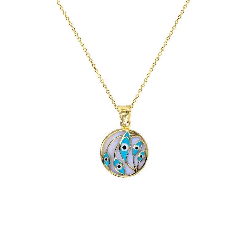 simple necklaces for women -Enameled-Evil Eye Leaves Medallion Fancy Necklace (14K)