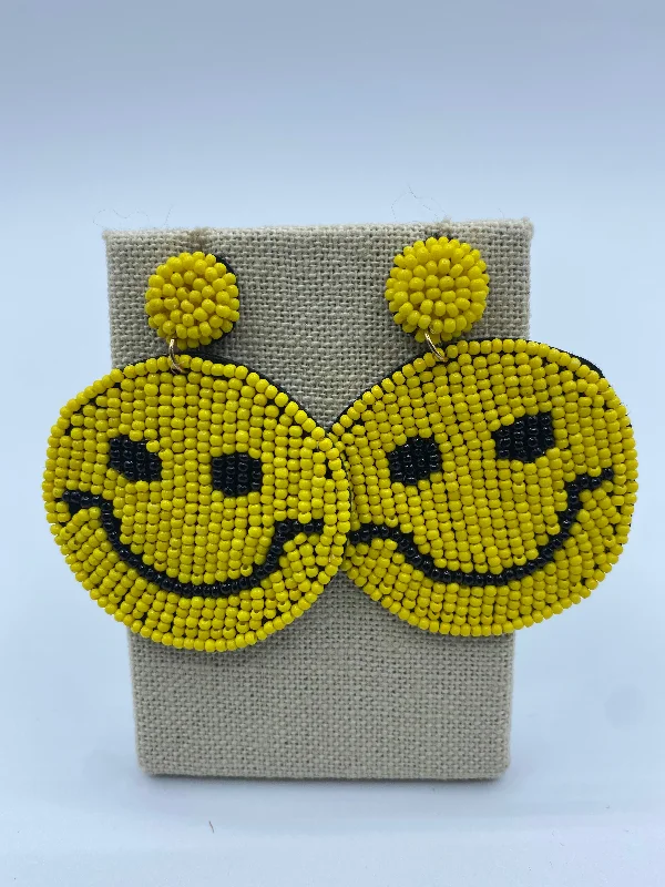 zirconia stud earrings for women -Yellow Beaded Smiley Face Earrings