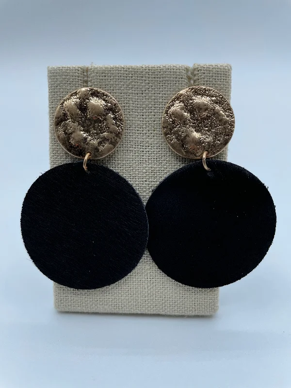 minimalist gold earrings for women -Black Cowhide Disc Earrings