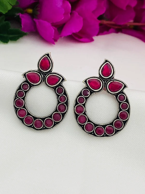 simple earrings for women -Attractive Ruby Stone Rounded Design Silver Oxidized Earring For Women