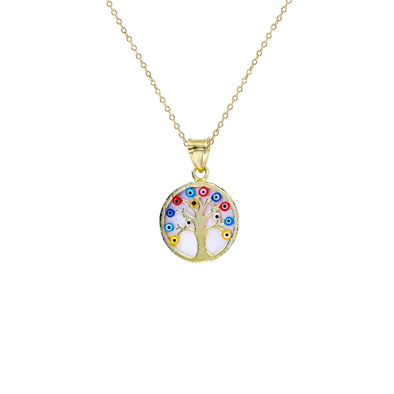 chunky gold necklaces for women -Mother of Pearl Evil Eyes Tree of Life Fancy Necklace (14K)