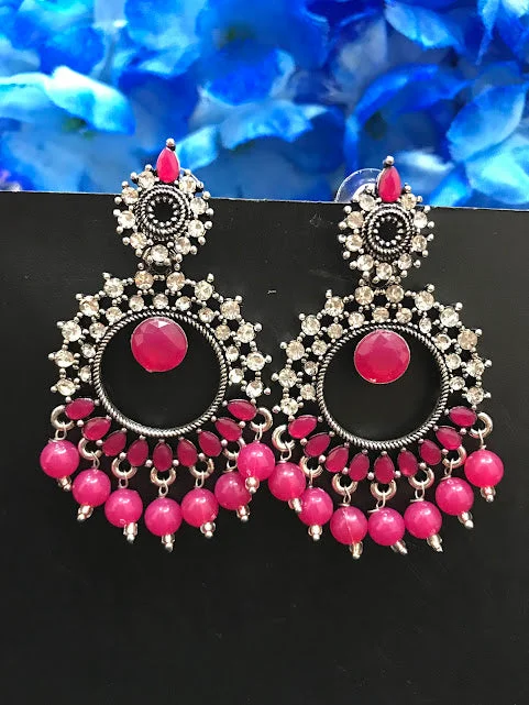 ethnic earrings for women -Charming Rani Pink Color Oxidized Unique Designed Earrings