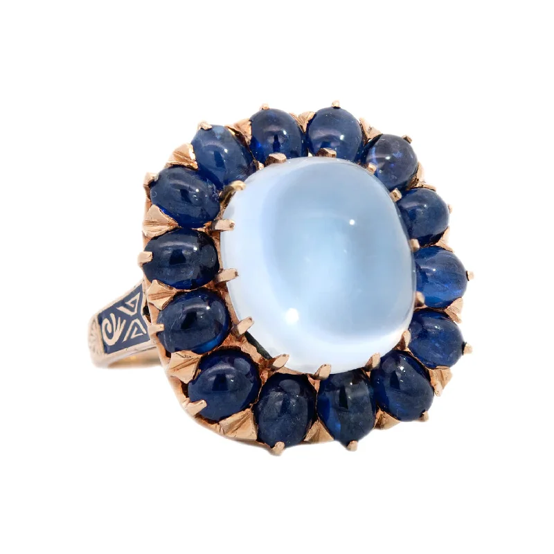 eco-friendly rings for women -Vintage 14k Moonstone & Sapphire Cluster Ring