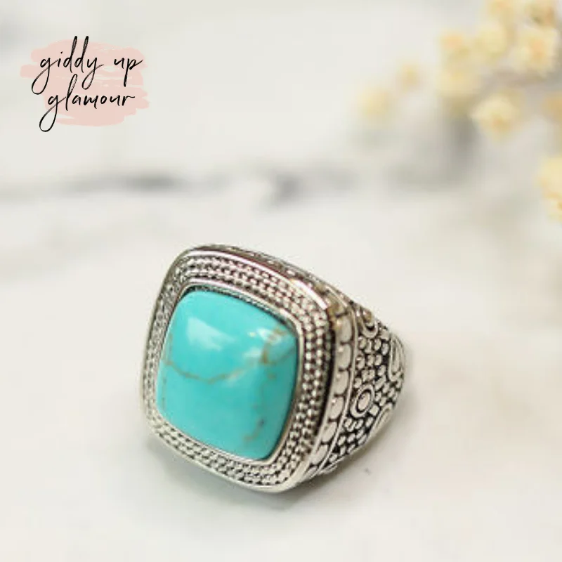 stacked rings for women -Silver Toned Wheat Textured Fashion Ring with Turquoise Stone