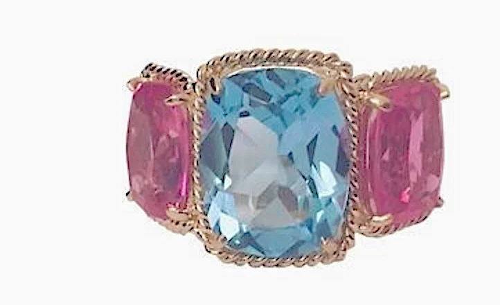 cubic zirconia rings for women -Blue and Pink Topaz Gold Three Stone Ring with Rope Twist Border