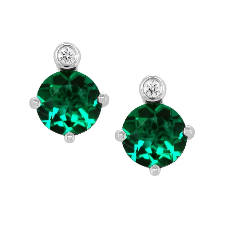 fashion earrings for women -STERLING SILVER STUDS WITH LAB GROWN EMERALDS AND DIAMOND ACCENTS, .02 CT TW