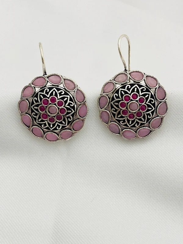 gold earrings for women -Appealing Light Pink Floral Design Silver Oxidized Earring For Women