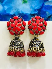 statement earrings for women -Gorgeous Gold Plate Red Color With Beads Earrings For Women