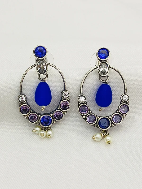 long earrings for women -Lovely Blue Stone Beaded Oval Shaped Silver Toned Oxidized Earrings With Pearl Drops