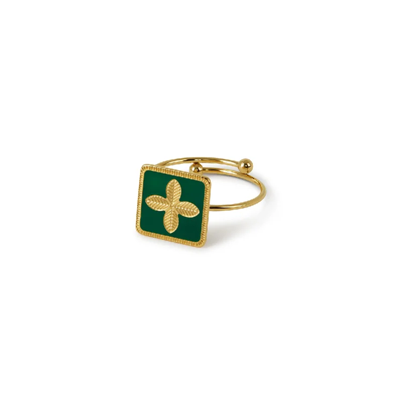 square rings for women -La Fleur Plate Ring - Gold/Green (Adjustable)