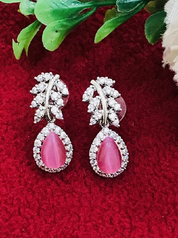 zirconia stud earrings for women -Beautiful Pink Color American Diamond Earrings