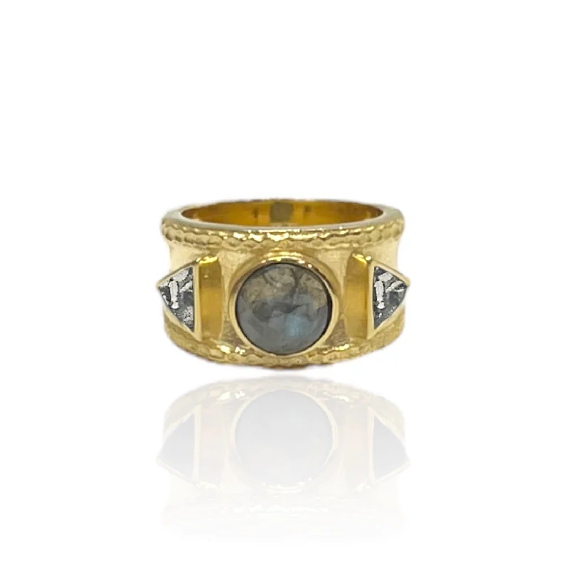 elegant rings for women -GOLD BAND LABRADORITE & COIN TRE RING