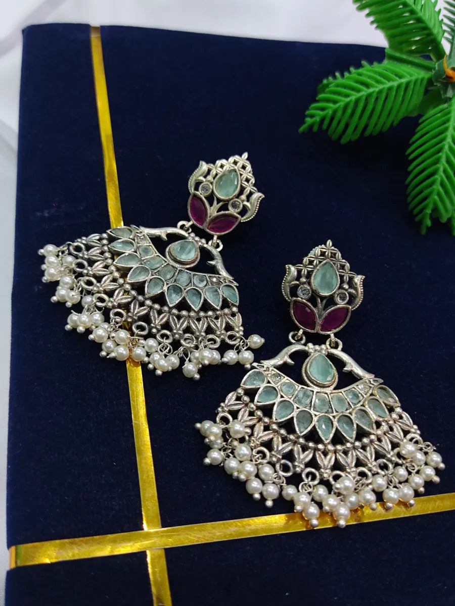 gold earrings for women -Appealing Mogra Drop Brass And Copper Made Silver Oxidized Earrings - Multicolor