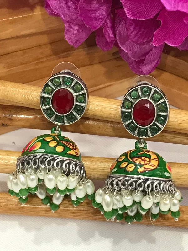 simple earrings for women -Elegant Green And Red Color Hand Painted Peacock Designed Oxidized Jhumka Earrings With Pearl Beads