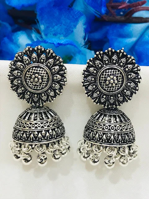 handmade earrings for women -Graceful Silver Color Oxidized Jhumka Earrings With Beads For Womens