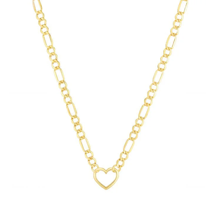 sterling silver chain necklaces for women -Heart Figaro Necklace (14K)