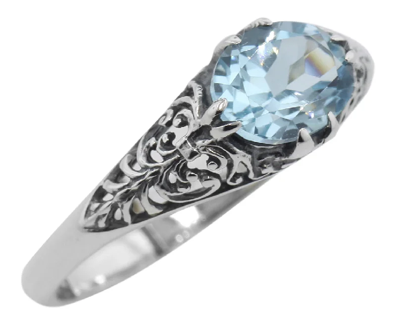 platinum engagement rings for women -Vintage Inspired Blue Topaz Filigree Ring