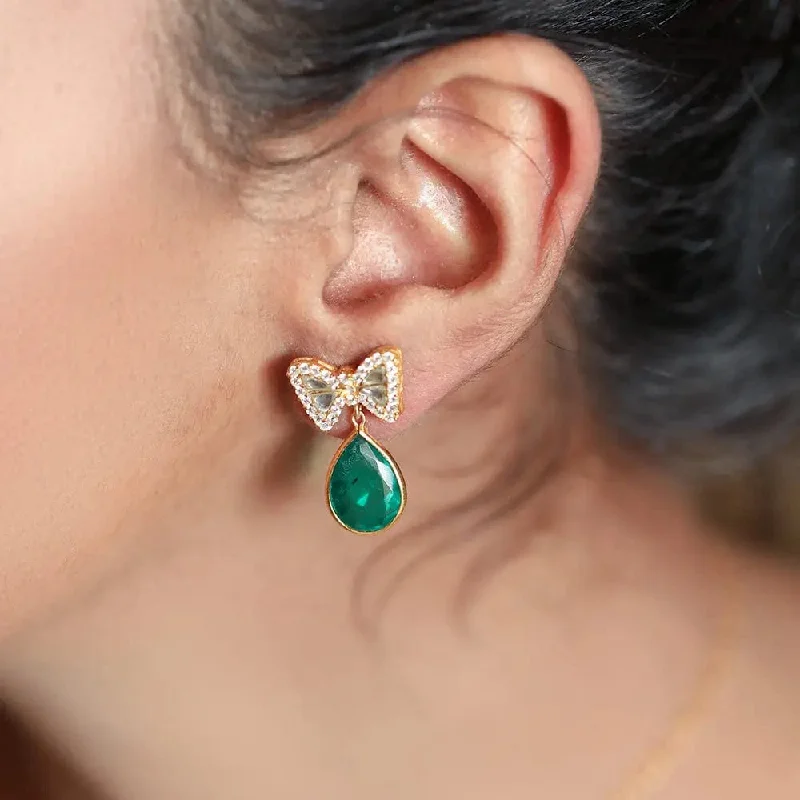 elegant drop earrings for women -Silver Green Bow Earring