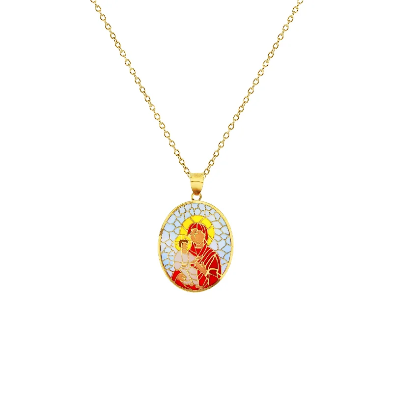 gold necklaces for women -Colorful-Enameled Mosaic Virgin Mary & Baby Jesus Fancy Necklace (14K)