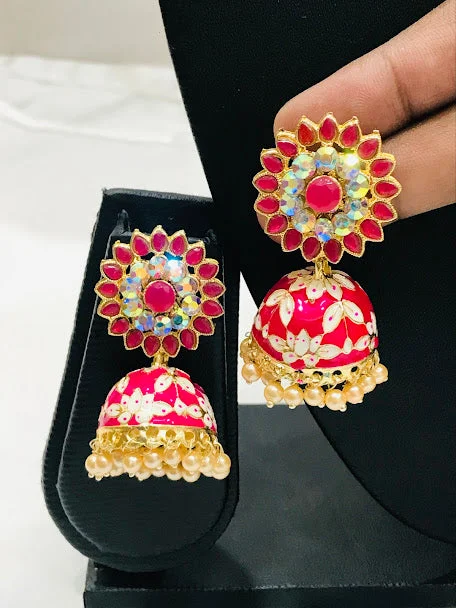 gold drop earrings for women -Attractive Pink Color Gold Plated Jhumkas