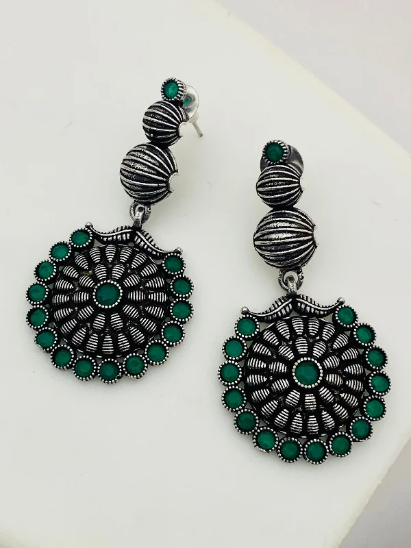 chic earrings for women -Charming Round Shaped Emerald Stone Beaded German Silver Plated Oxidized Long Earrings