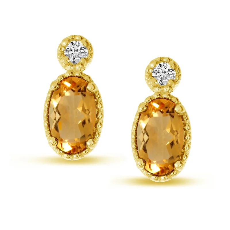 classic earrings for women -YELLOW GOLD STUD EARRINGS WITH OVAL CITRINE AND ROUND DIAMONDS, .03 CT TW