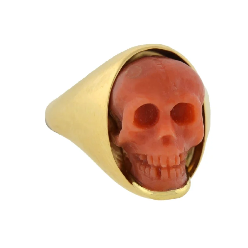 carved rings for women -Victorian Style 18kt Hand Carved Natural Coral Skull Ring