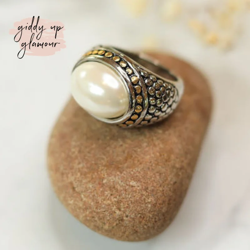 handmade rings for women -Two Toned Dome Fashion Ring with Cream Pearl Stone