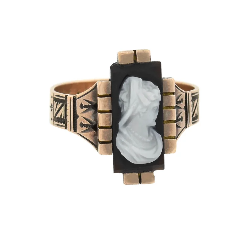 pinky rings for women -Victorian 14kt Sardonyx Hardstone Cameo Lady Ring