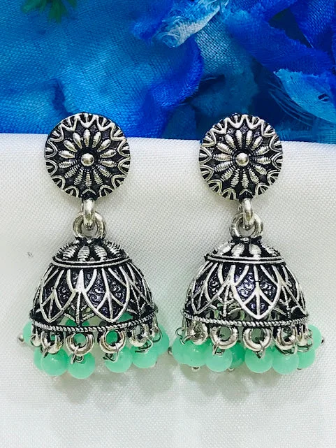 personalized stud earrings for women -Prettiest Green Color Oxidized Jhumka Earrings For Women