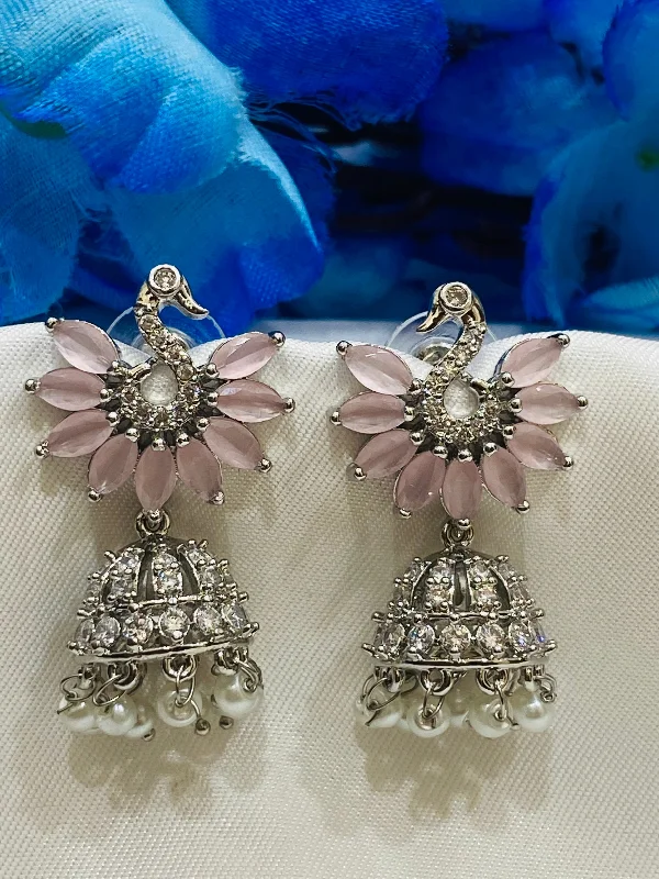 colorful earrings for women -Elegant Light Pink Colored American Diamond Jhumka Earrings