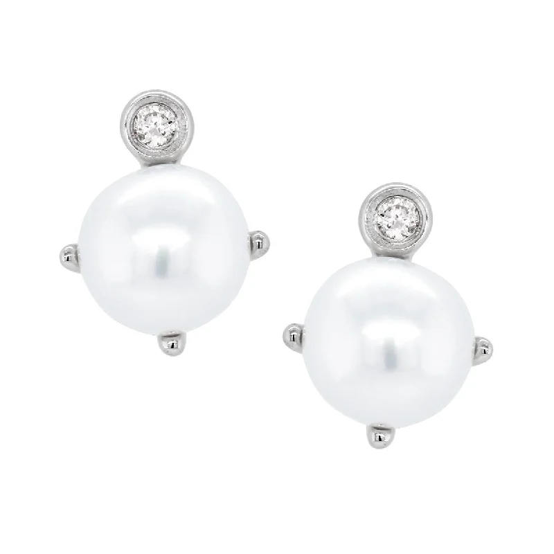 bohemian earrings for women -STERLING SILVER STUDS WITH PEARLS AND LAB GROWN DIAMOND ACCENTS, .02 CT TW