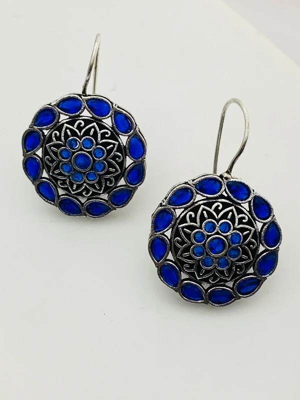 bridal earrings for women -Alluring Blue Color Floral Design Silver Oxidized Earring For Women