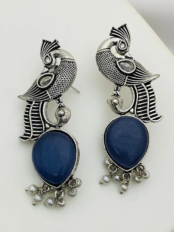 elegant earrings for women -Elegant Blue Stoned Peacock Design Silver Toned Oxidized Earrings With Pearl Beads