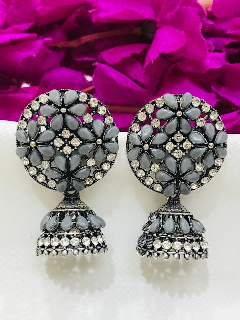 fashion earrings for women -Appealing Gray Colored Stone Work Oxidized Earrings For Women