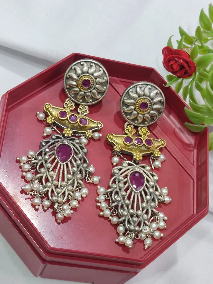 tassel earrings for women -Two Tone Ruby Stoned High End Oxidized Earrings