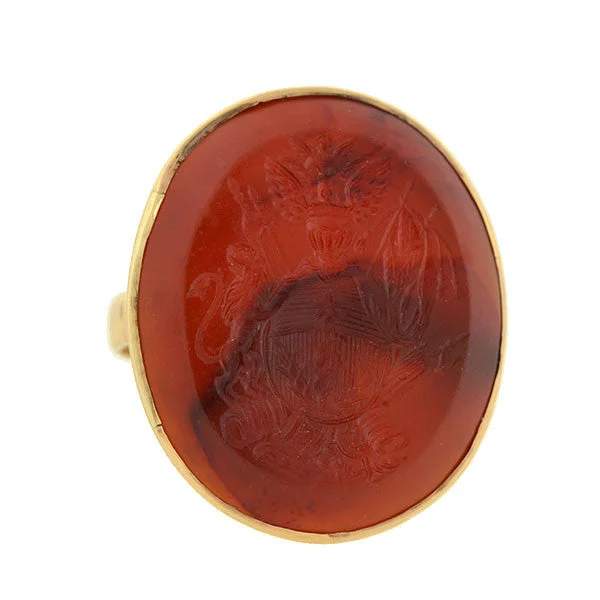 unique rings for women -Victorian 10kt Carnelian Intaglio Family Crest Signet Ring