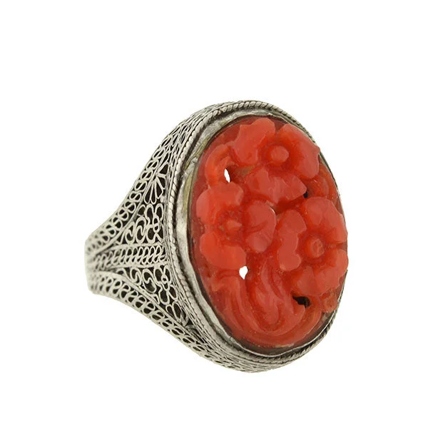 engraved rings for women -Art Deco Chinese Silver & Floral Carved Coral Filigree Ring