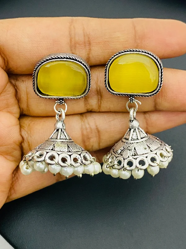 bridal earrings for women -Amazing Yellow Color Oxidized Designed Small Jhumkas Earrings For Women