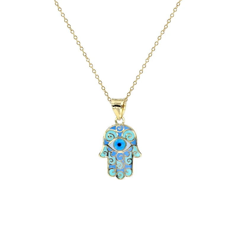 luxury diamond necklaces for women -Colorful-Enameled Light Blue Evil Eye Hamsa Hand Necklace (14K)