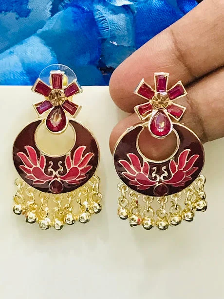 silver stud earrings for women -Dazzling Gold Plated Maroon Color Beaded Work Earrings For Women