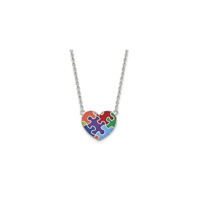 long gold necklaces for women -Enameled Autism Puzzle Heart Necklace (Silver)