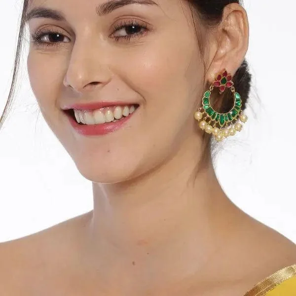 gold drop earrings for women -Pink And Green Kundan Chandbali