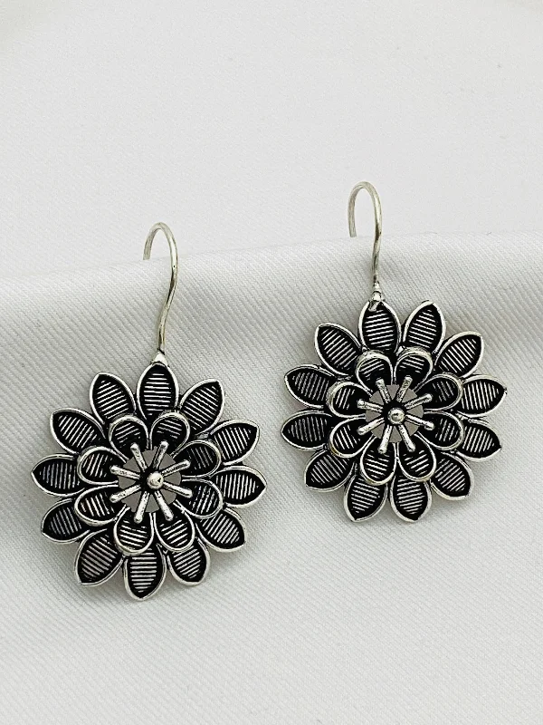 bridal earrings for women -Dazzling Floral Designed German Silver Plated Oxidized Handmade Hook Earrings