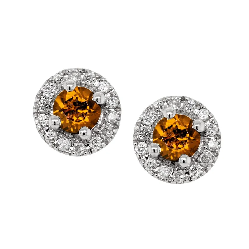 mini earrings for women -WHITE GOLD CITRINE STUD EARRINGS WITH DIAMOND HALOS, .10 CT TW