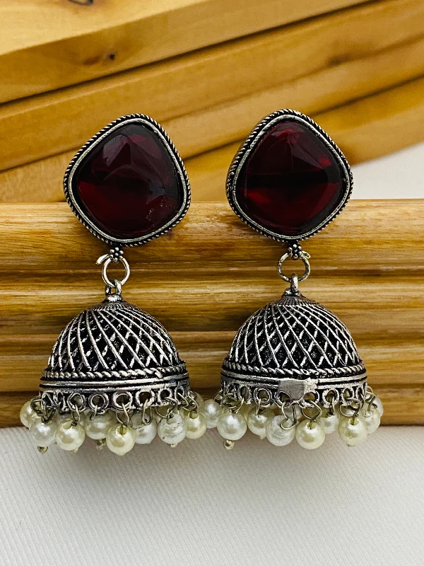 opal earrings for women -Charming Maroon Stone Beaded Designer German Silver Plated Oxidized Jhumkas With Pearl Hangings